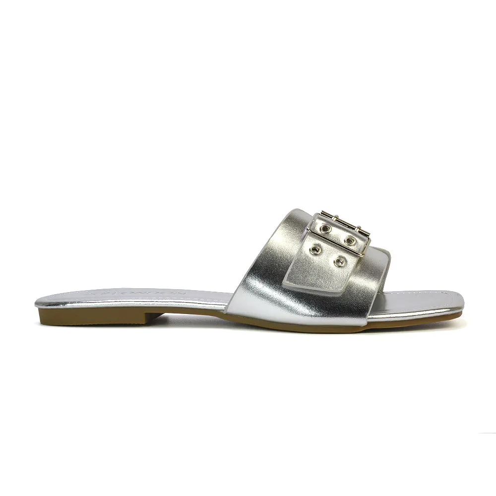Inez Square Toe Slip On Strappy Flat Sandals With Buckle in Silver