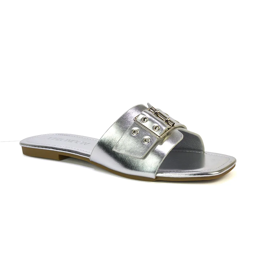 Inez Square Toe Slip On Strappy Flat Sandals With Buckle in Silver