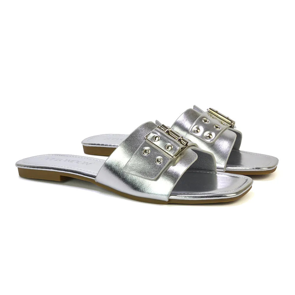 Inez Square Toe Slip On Strappy Flat Sandals With Buckle in Silver