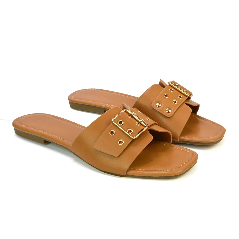 Inez Square Toe Slip On Strappy Flat Sandals With Buckle in Silver