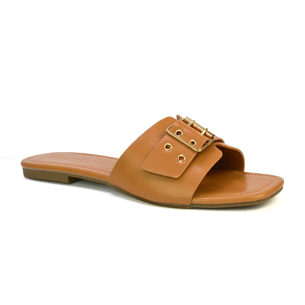 Inez Square Toe Slip On Strappy Flat Sandals With Buckle in Silver