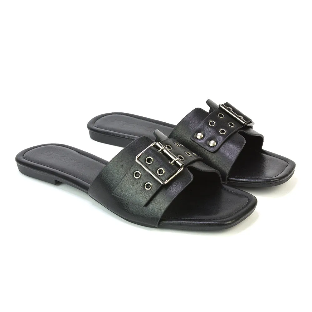 Inez Square Toe Slip On Strappy Flat Sandals With Buckle in Silver