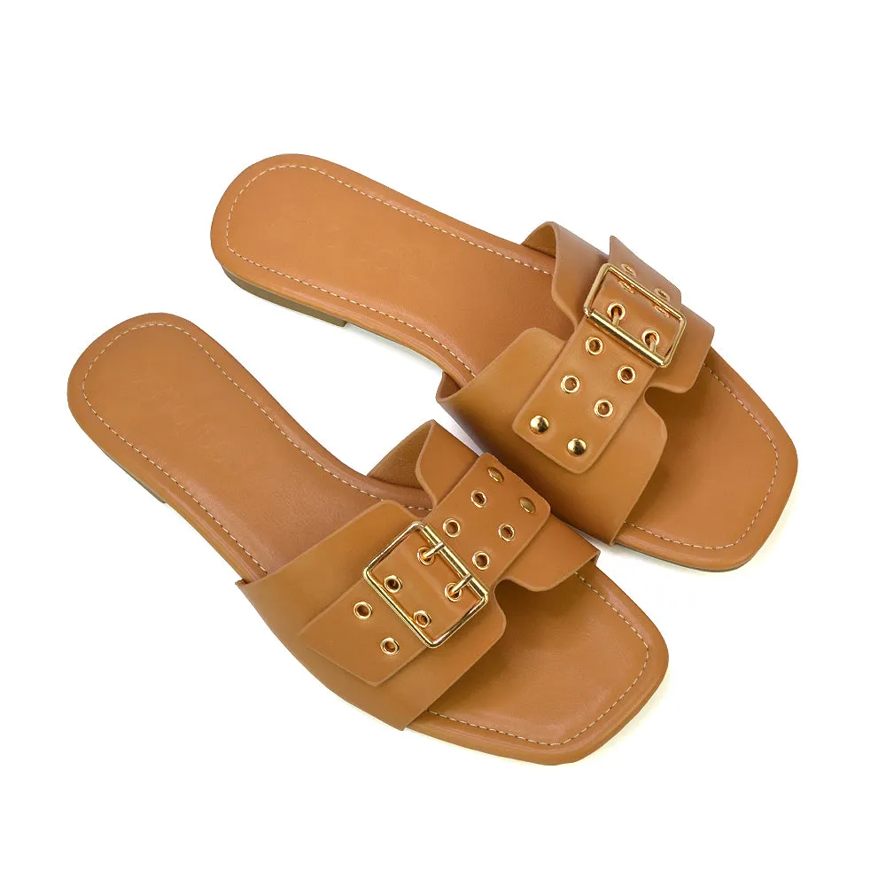 Inez Square Toe Slip On Strappy Flat Sandals With Buckle in Silver