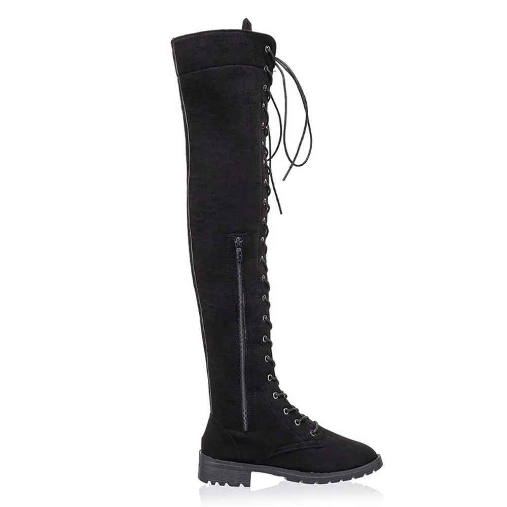 Over the knee lace-up boots fashion low heel thigh high boots with zipper