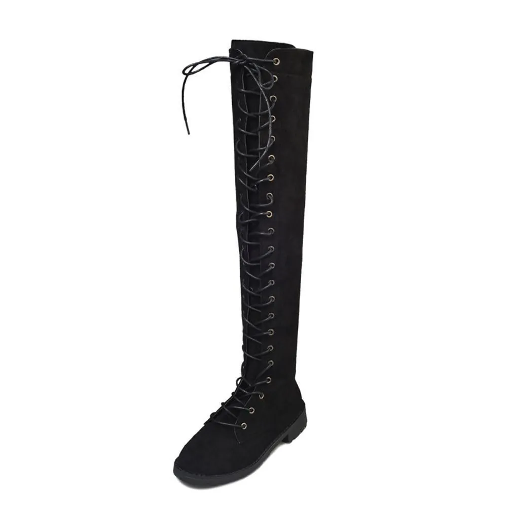 Over the knee lace-up boots fashion low heel thigh high boots with zipper