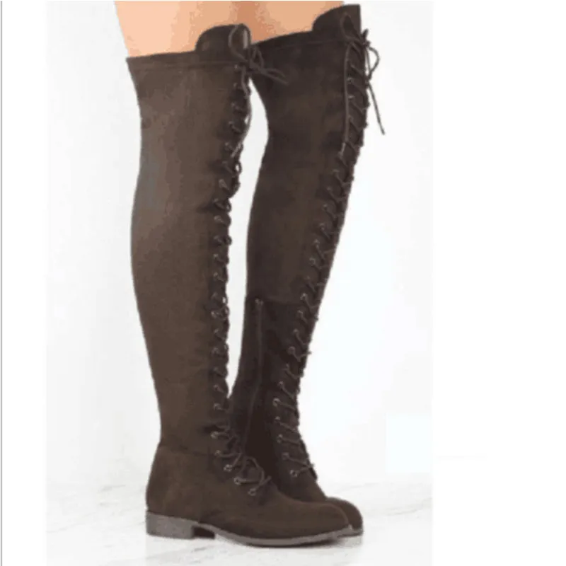 Over the knee lace-up boots fashion low heel thigh high boots with zipper