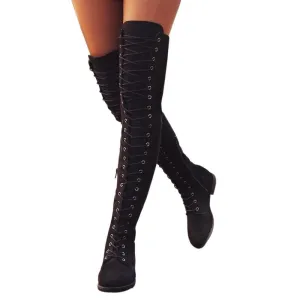 Over the knee lace-up boots fashion low heel thigh high boots with zipper