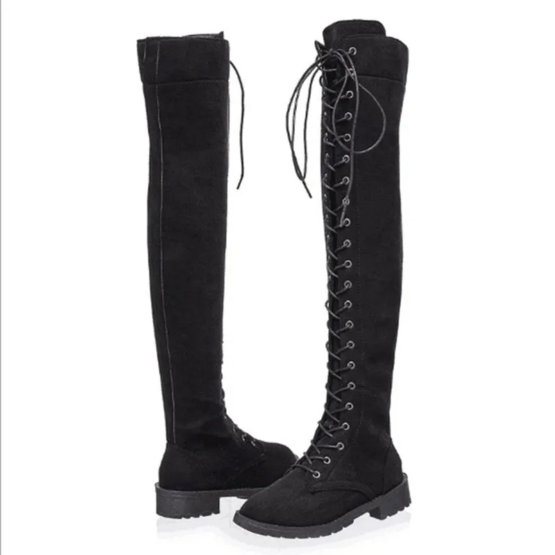 Over the knee lace-up boots fashion low heel thigh high boots with zipper