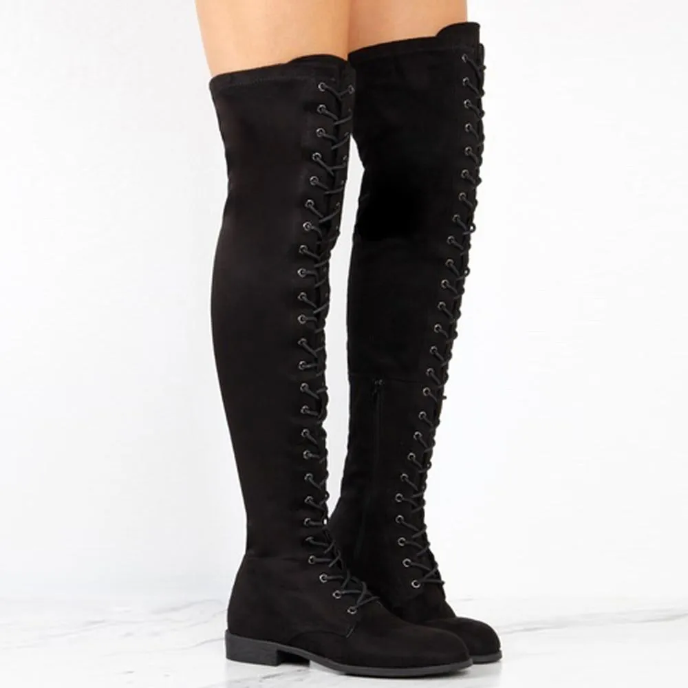 Over the knee lace-up boots fashion low heel thigh high boots with zipper