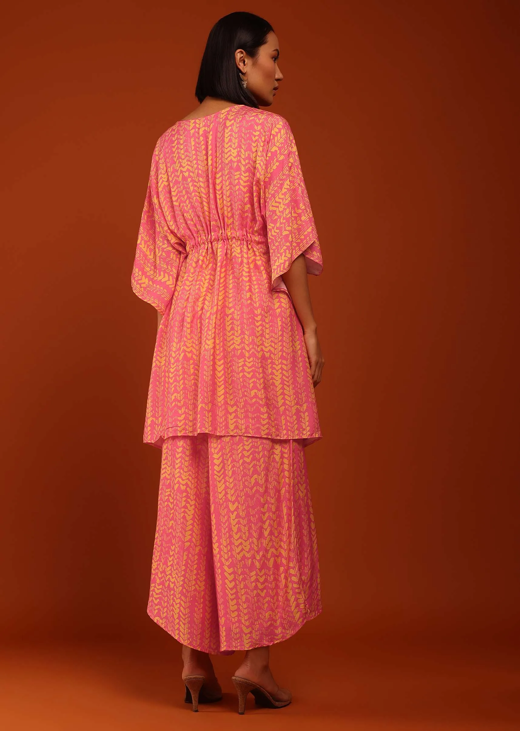 Peach Digital Print Kaftan Set In A V Neckline With A Tie-Up Tassel Dori At The Front,