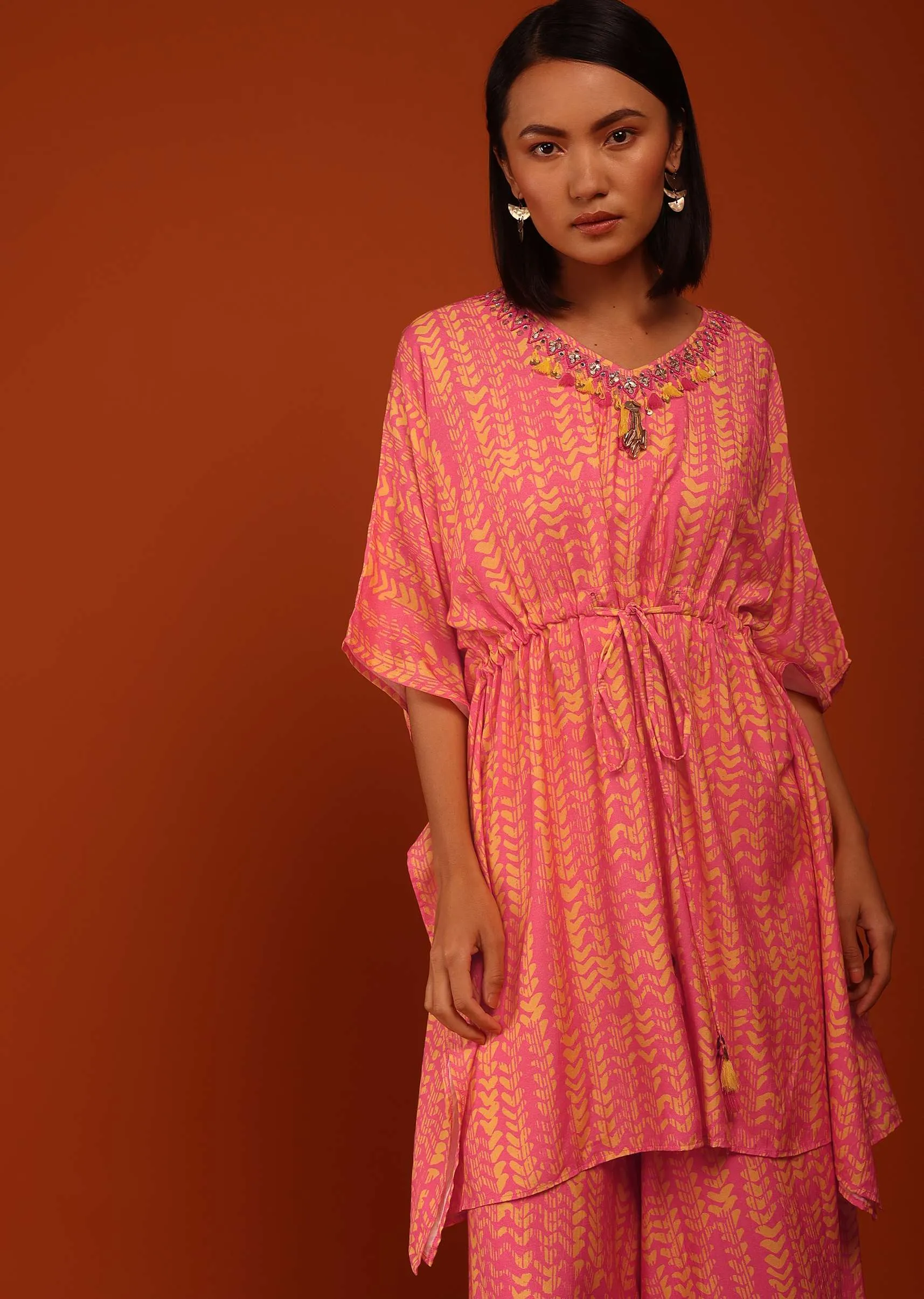 Peach Digital Print Kaftan Set In A V Neckline With A Tie-Up Tassel Dori At The Front,