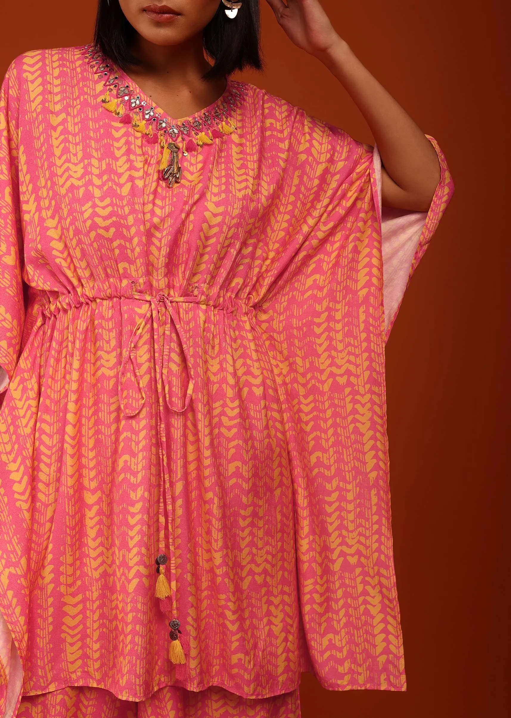 Peach Digital Print Kaftan Set In A V Neckline With A Tie-Up Tassel Dori At The Front,