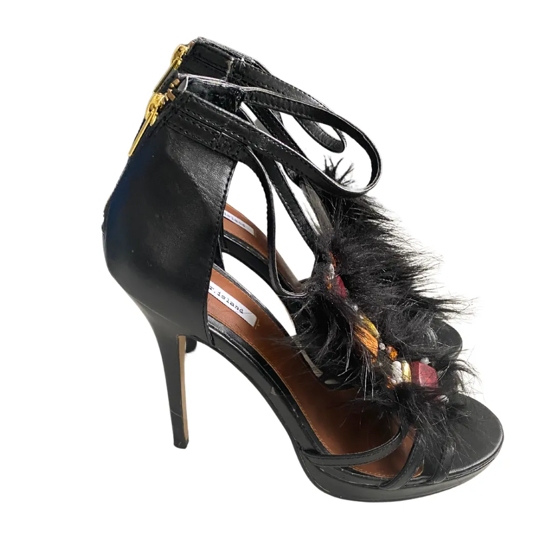 River Island Stiletto Faux Fur Gem Sandals Black SIZE 41