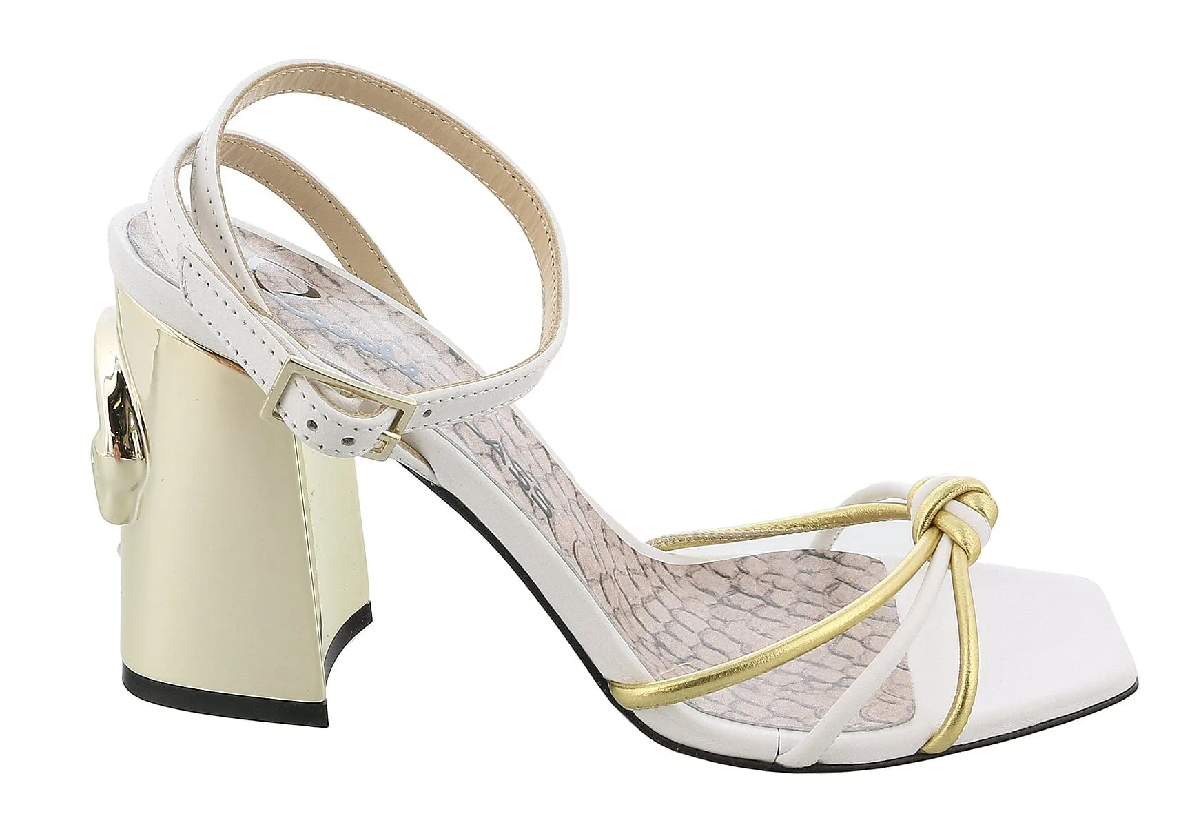 Roberto Cavalli Class  White/Gold Block Heel Leather High Heel Sandal-
