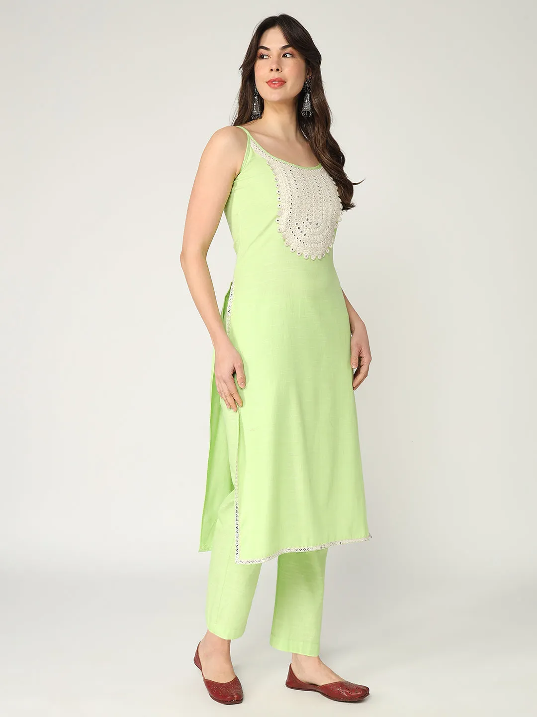 Strappy Kurta With Embroidered Yoke And Straight Pant Having Matching Dupatta Set With Lace Details