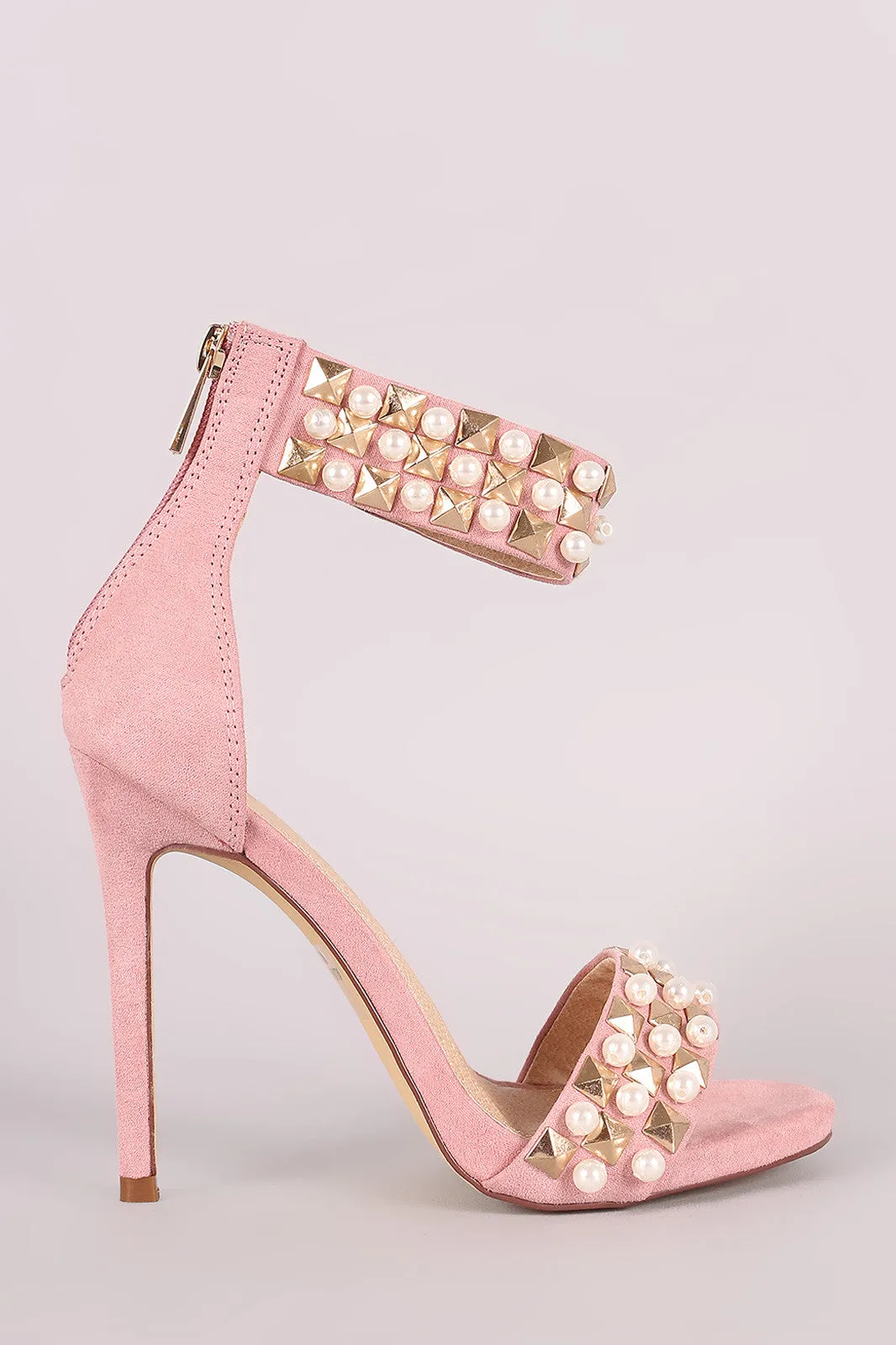 Suede Pearl And Stud Ankle Cuff Stiletto Heel