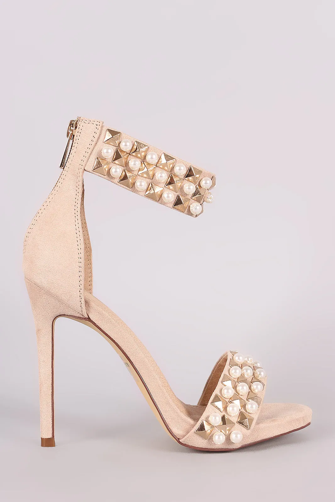 Suede Pearl And Stud Ankle Cuff Stiletto Heel