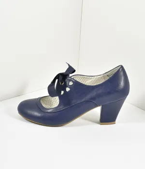 Vintage Style Navy Blue Leatherette Mary Jane Bow Wiggle Heels