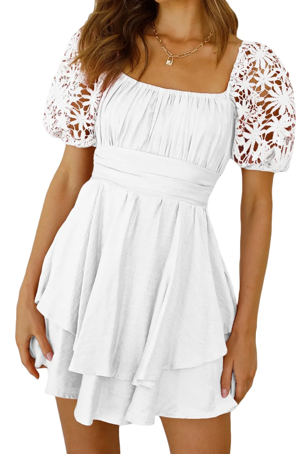 Women's Summer Mini Puff Sleeve Dress Square Neck Lace Ruffle A Line Dress