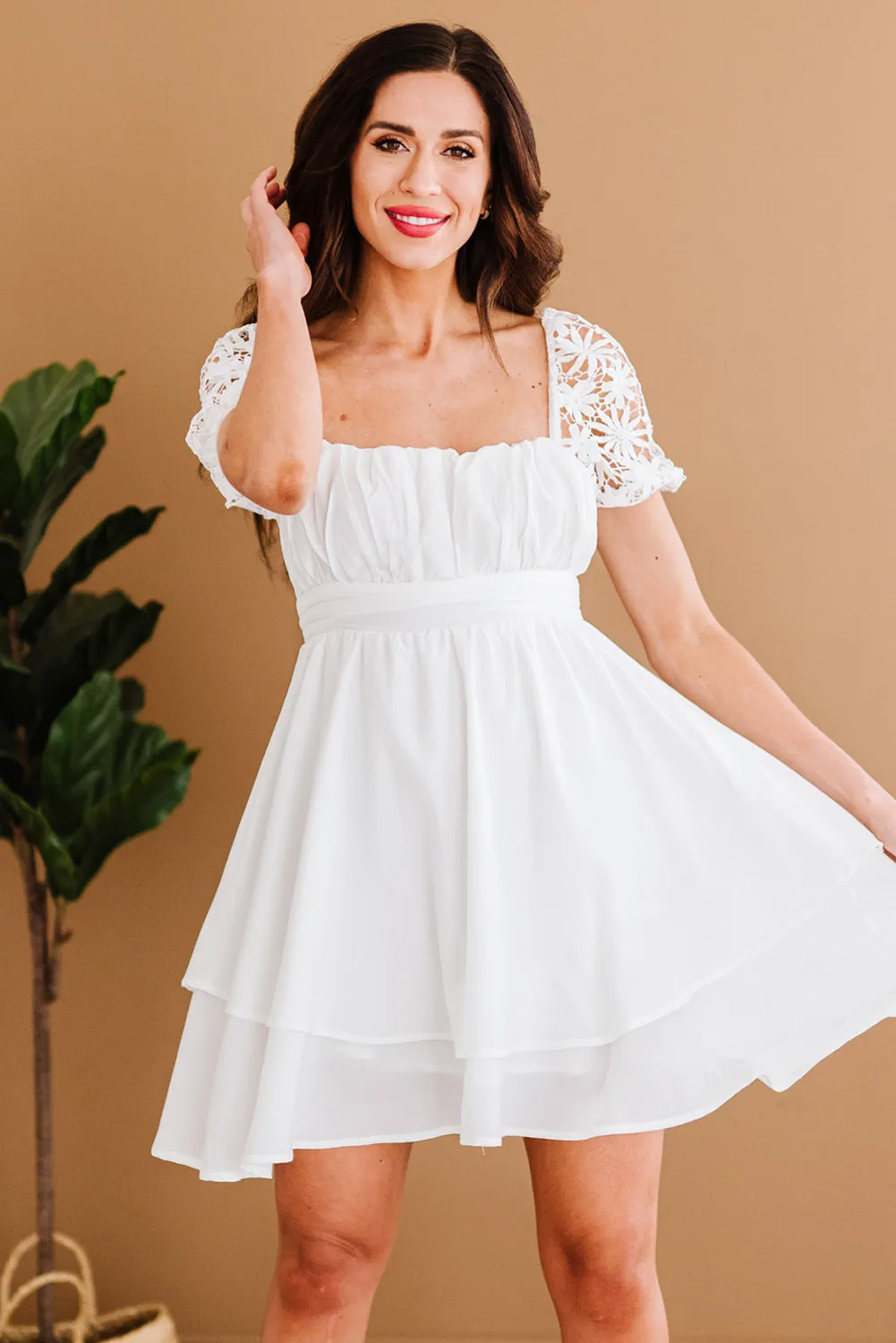 Women's Summer Mini Puff Sleeve Dress Square Neck Lace Ruffle A Line Dress