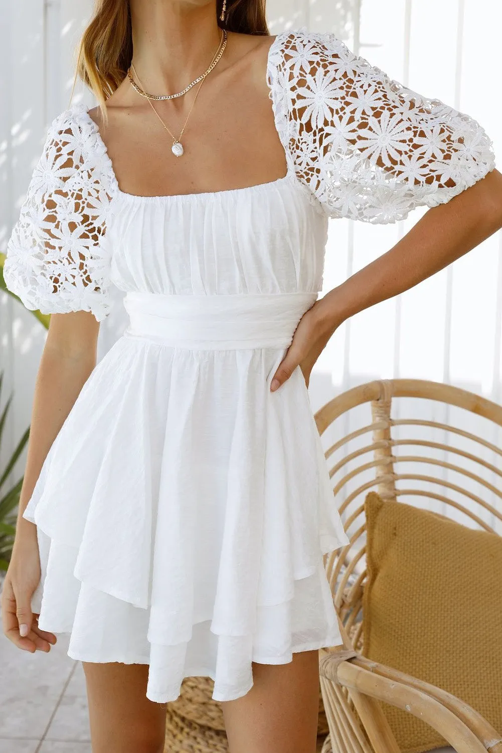 Women's Summer Mini Puff Sleeve Dress Square Neck Lace Ruffle A Line Dress