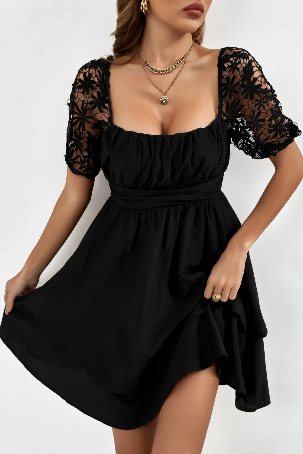 Women's Summer Mini Puff Sleeve Dress Square Neck Lace Ruffle A Line Dress